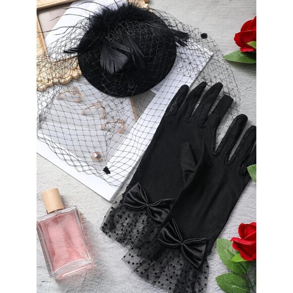 Women’s 50s Fascinators Feather Pillbox Hat Lace Gloves for Weddings Parties - Picture 7 of 7